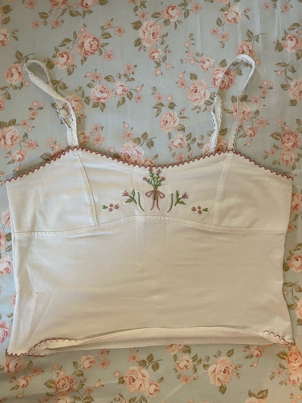 Edikted Floral Embroidered White and Pink Tank Cami Crop Top